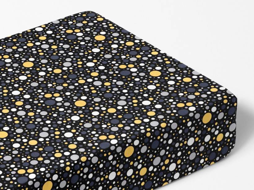 Cearceaf de pat din bumbac cu elastic - model 1015 - buline și cercuri colorate pe negru