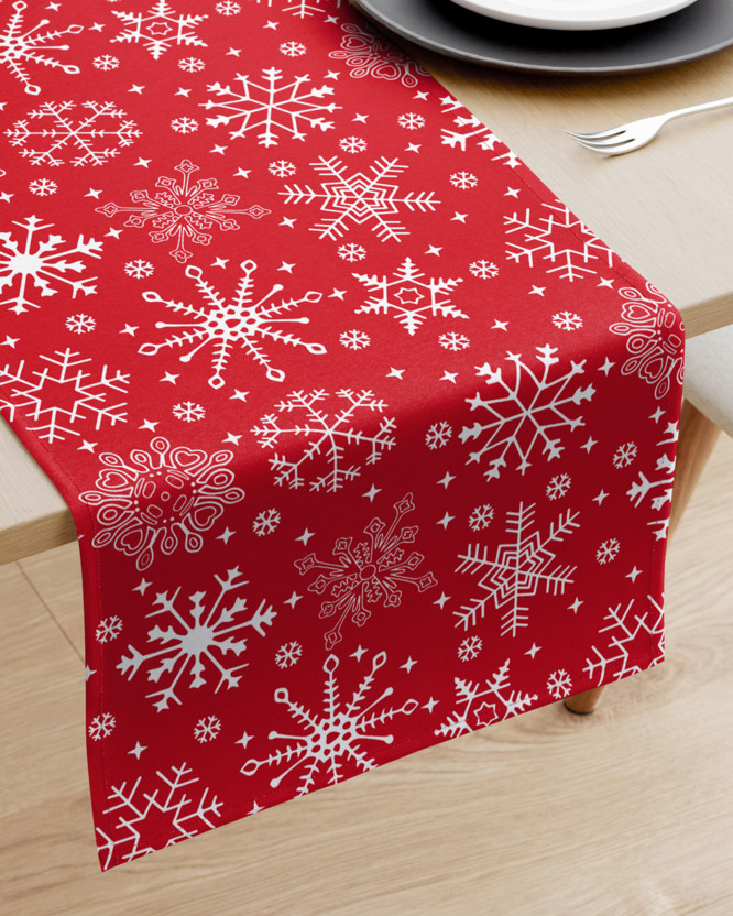 Napron de masă 100% bumbac de Crăciun - fulgi de zăpadă pe roșu