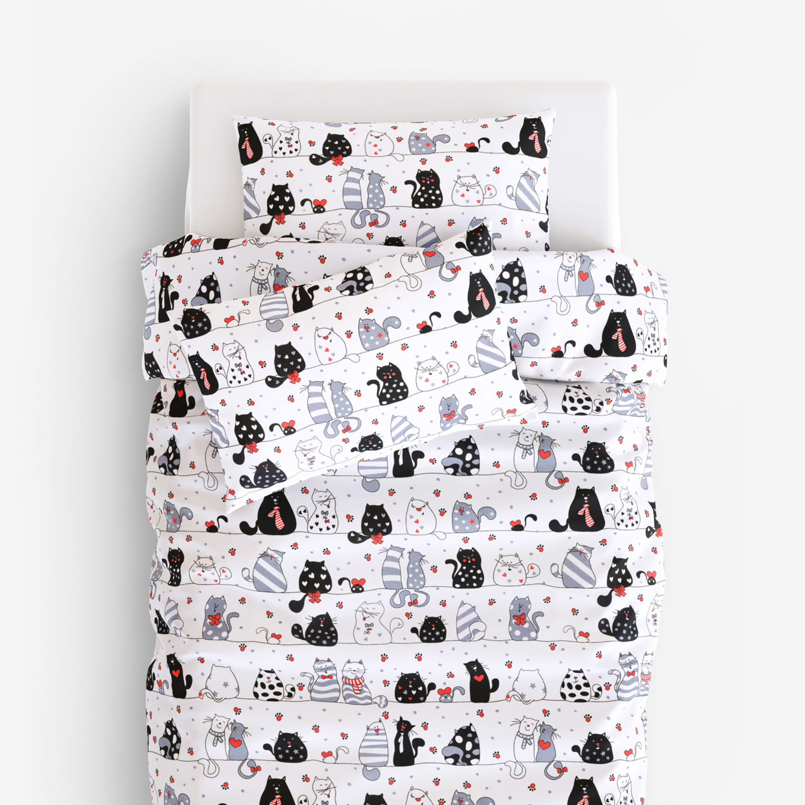 Lenjerie de pat pentru copii din 100% bumbac - pisici comice pe alb