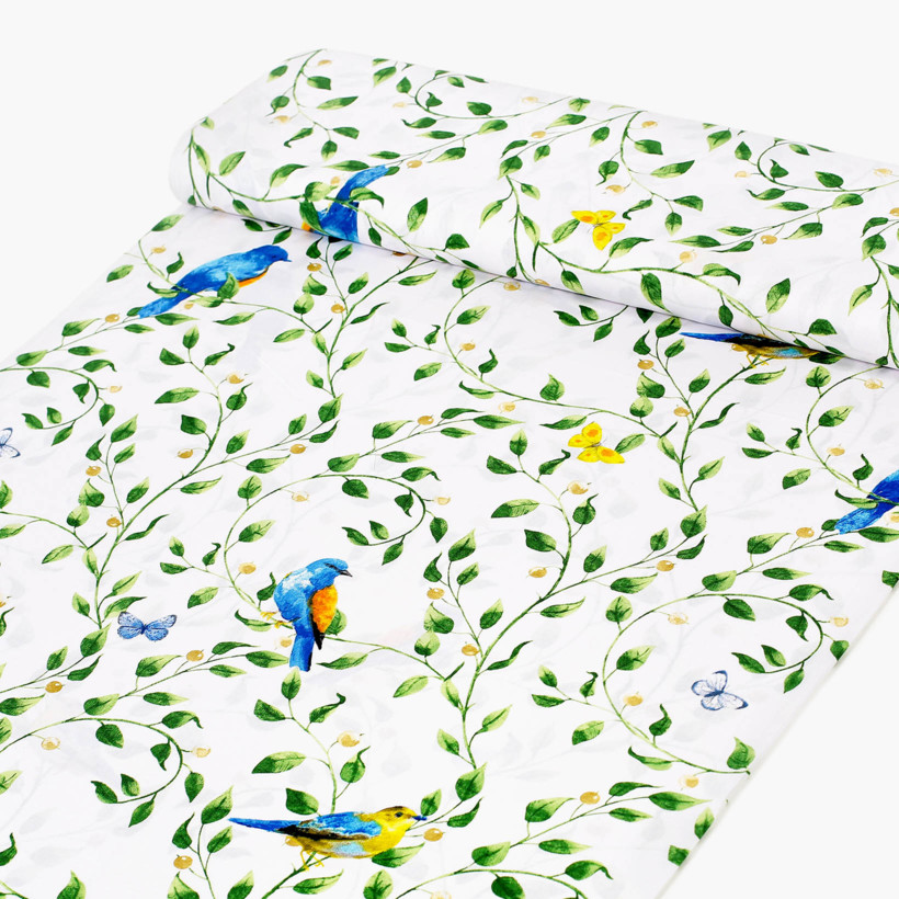 Țesătură 100% bumbac - păsări colorate în grădină