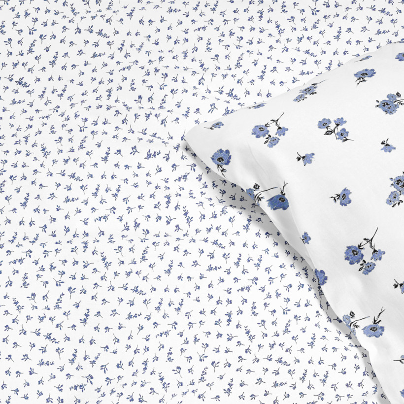 Lenjerie de pat din 100% bumbac - flori gri-albastre pe alb