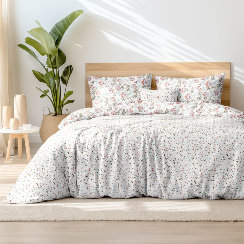 Lenjerie de pat 100% bumbac - flori gri-maro cu forme mici și colorate