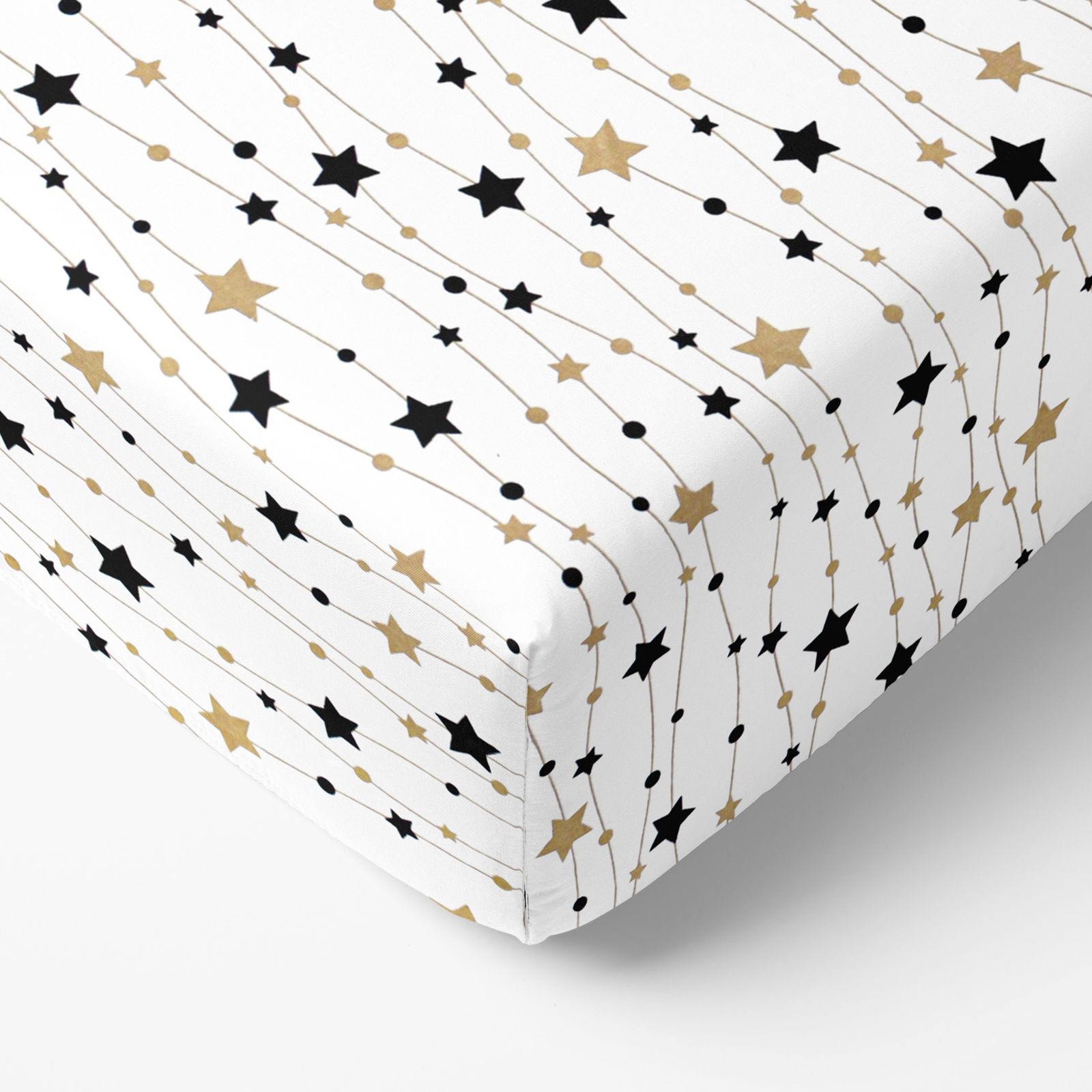 Cearceaf de pat bumbac 100% cu elastic - steluțe aurii și negre pe alb
