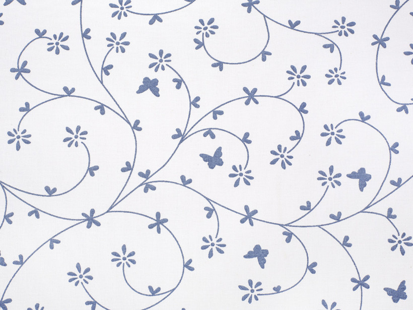 Țesătură din bumbac 100% SIMONA - flori gri-albastre și fluturi pe alb
