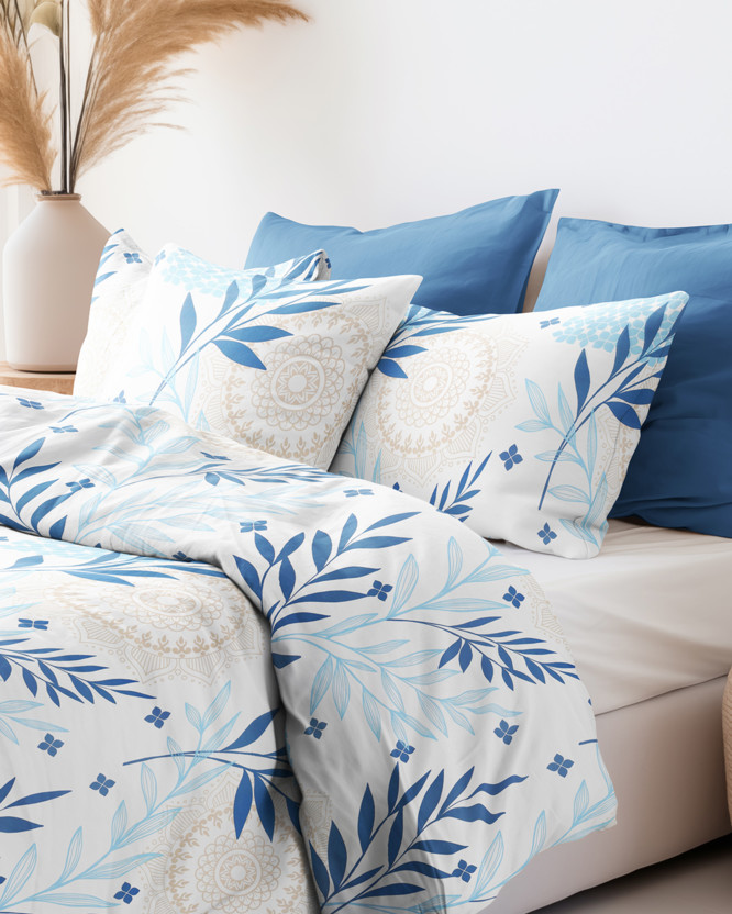 Lenjerie de pat din bumbac satinat Deluxe - mandale și frunze albastre