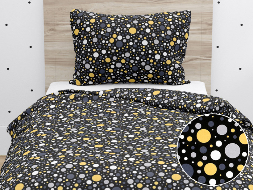 Lenjerie de pat pentru copii din 100% bumbac - model 1015 - buline și cercuri colorate pe negru