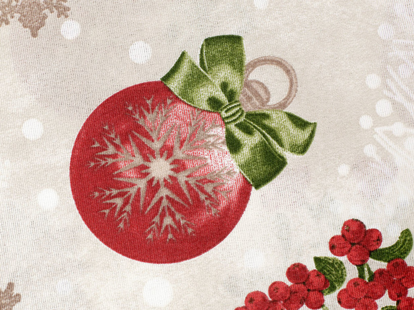 Țesătură decorativă VERONA - model 492 - decorațiuni de Crăciun pe un fundal de culoare naturală
