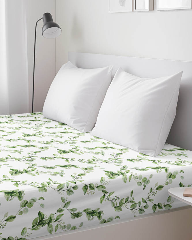 Cearceaf de pat bumbac 100% cu elastic - frunze de eucalipt