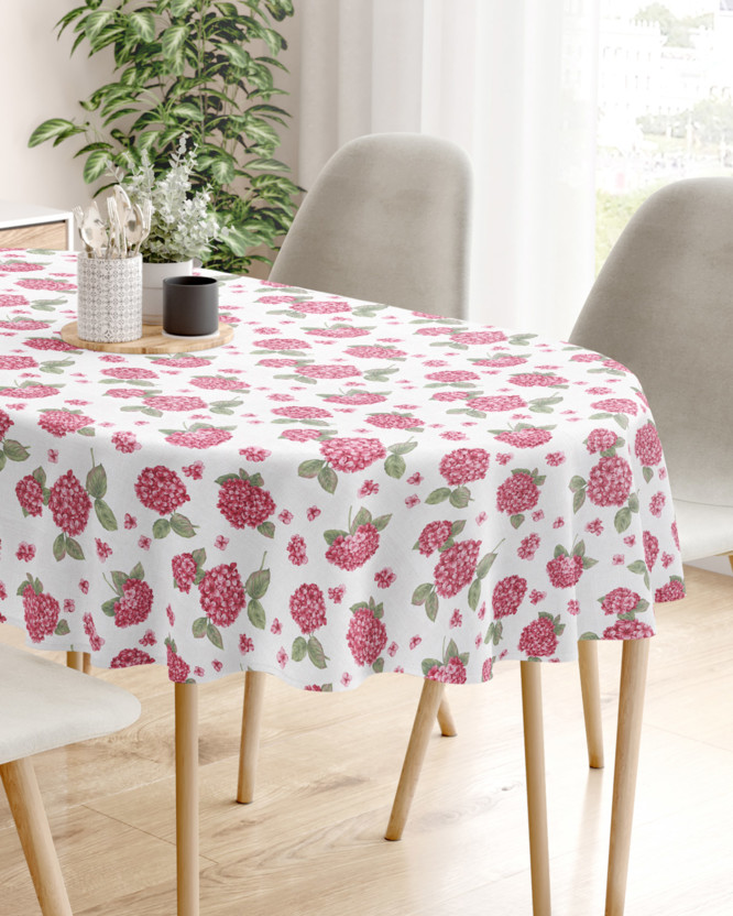 Față de masă decorativă  LONETA - flori de hortensie roz - ovală