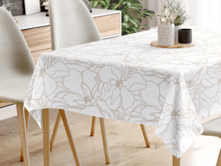 Față de masă din bumbac  - model 1028 flori bej deschis pe alb