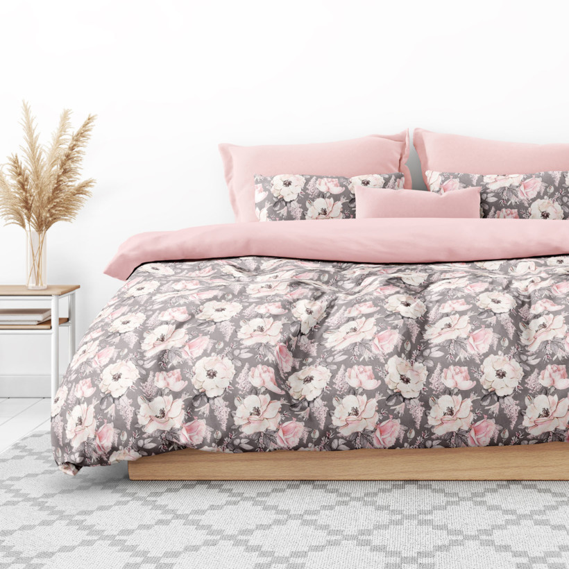 Lenjerie de pat 100% bumbac Duo - flori roz pe gri și roz pudră