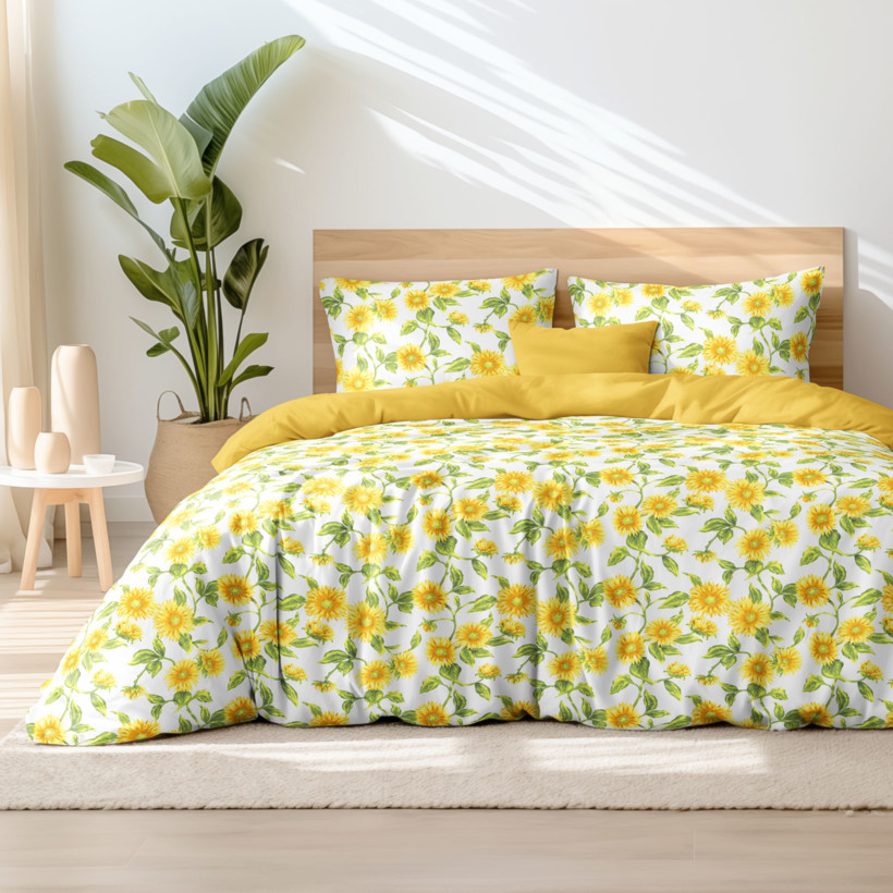 Lenjerie de pat Duo 100% bumbac - floarea-soarelui și Uni galben-miere