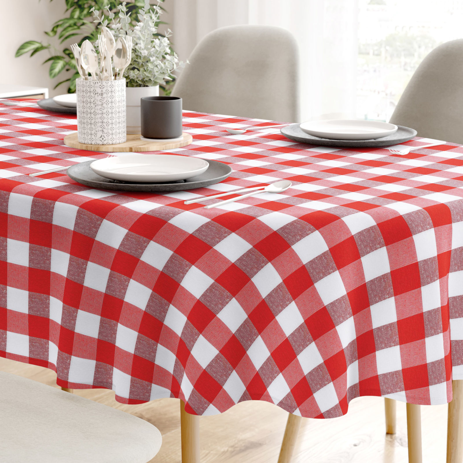 Față de masă decorativă  MENORCA - carouri mari roșii și albe - ovală