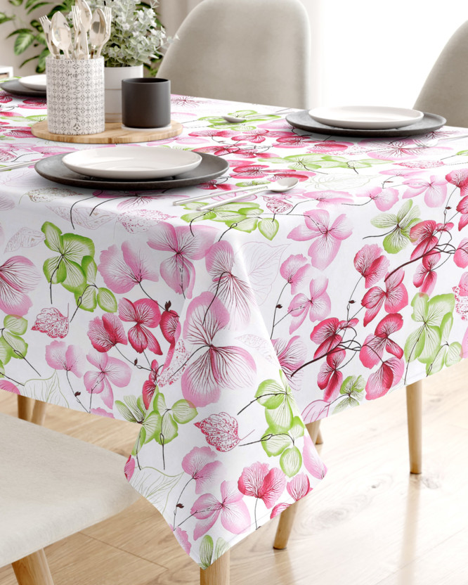 Față de masă 100% bumbac - flori roz-verde cu frunze