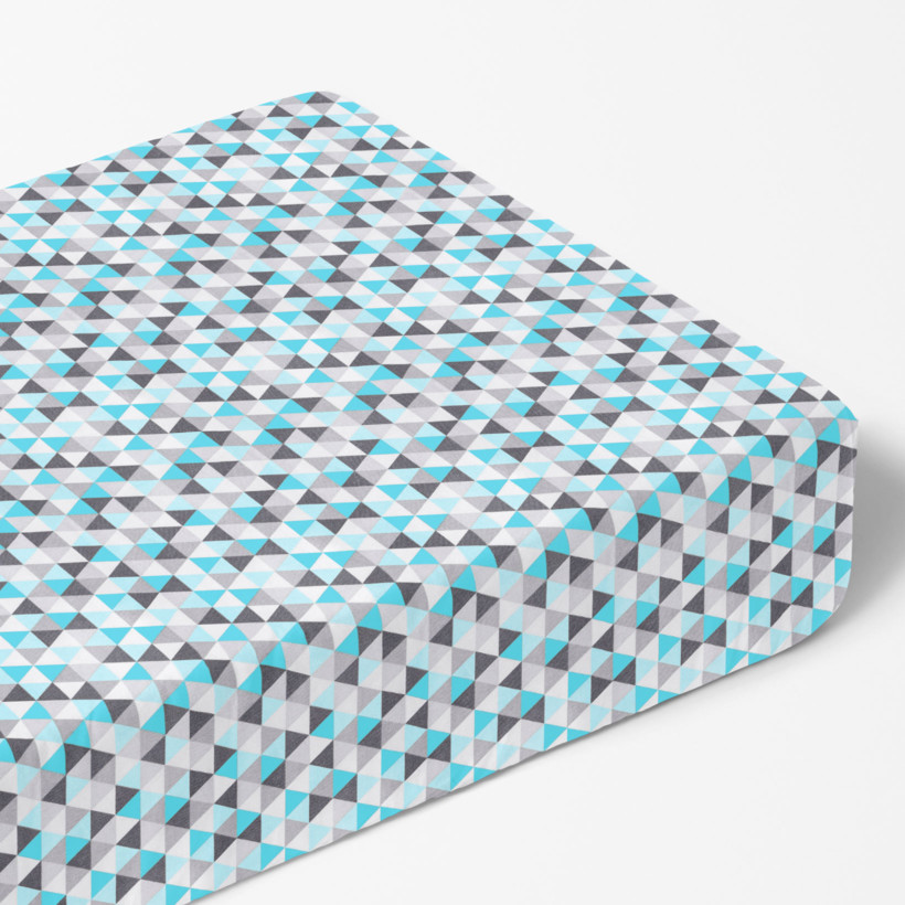 Cearceaf de pat 100% bumbac cu elastic - triunghiuri turcoaz și gri