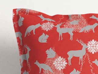Față de pernă cu tiv decorativ LONETA - model 427 de Crăciun - animale sălbatice pe roșu