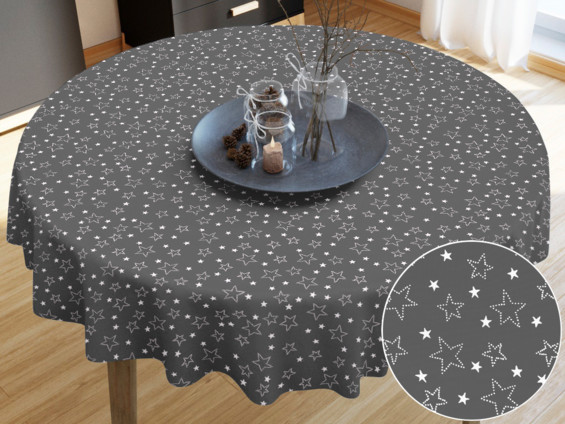 Față de masă din bumbac - model 017 - steluțe albe pe gri - rotundă
