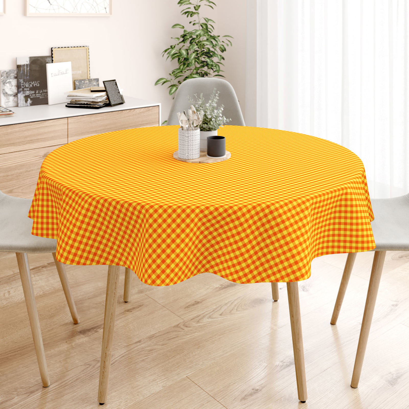 Față de masă din 100% bumbac KANAFAS - carouri mici de culoare galben-portocaliu - rotundă