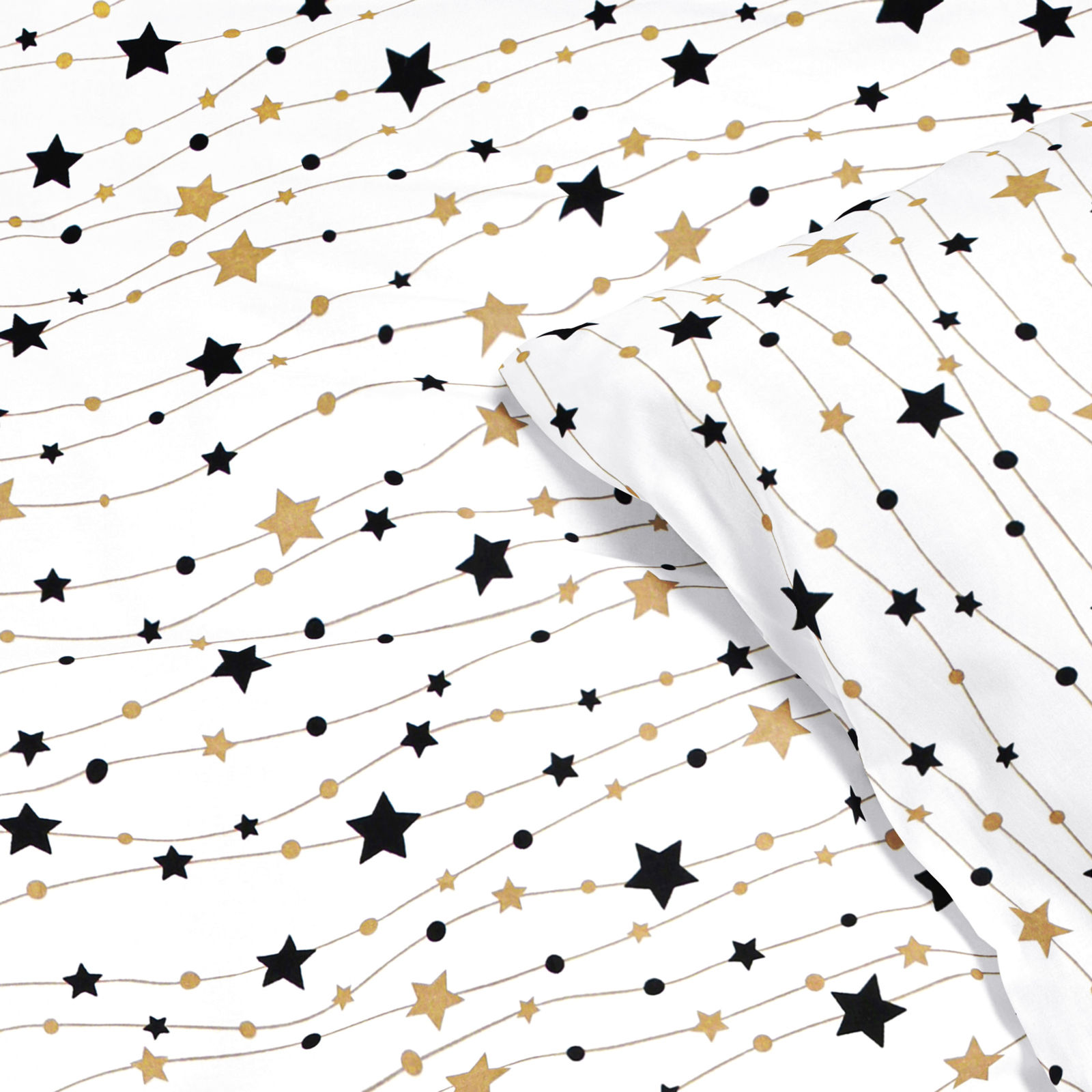 Lenjerie de pat 100% bumbac - steluțe aurii și negre pe alb