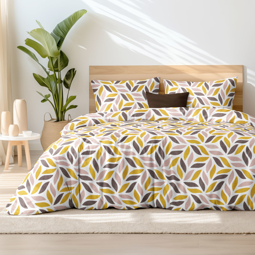 Lenjerie de pat 100% bumbac - frunze geometrice aurii și maro