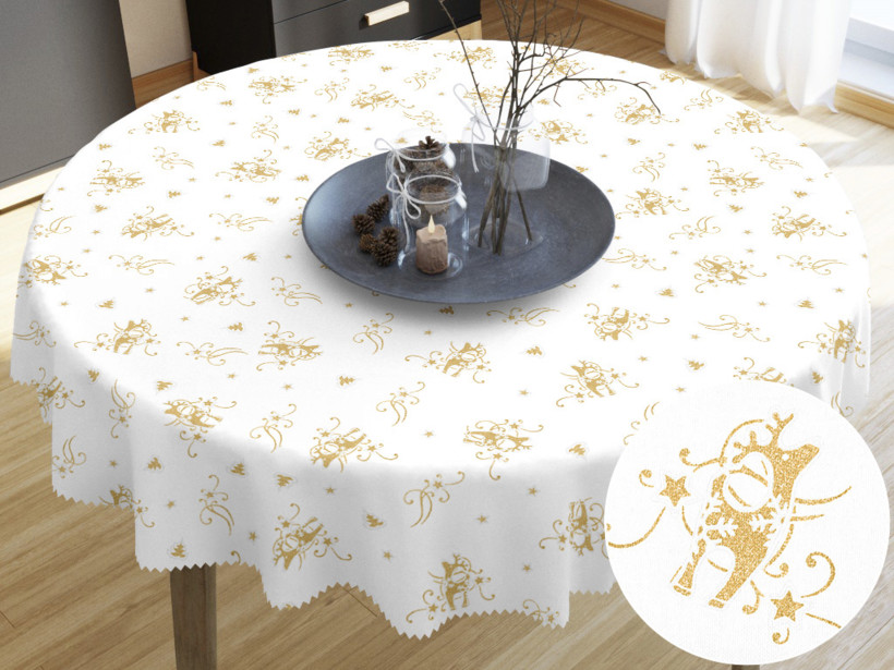 Față de masă din teflon - model 417 de Crăciun - reni aurii pe alb - rotundă