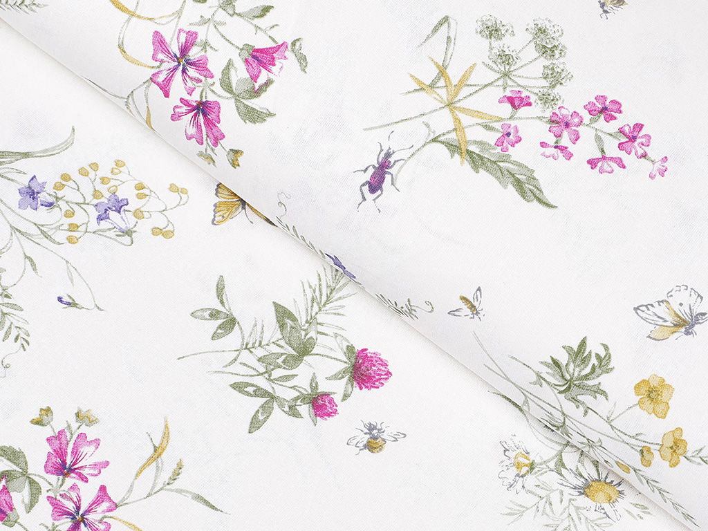 Țesătură SIMONA 100% bumbac - flori de câmp colorate pe alb