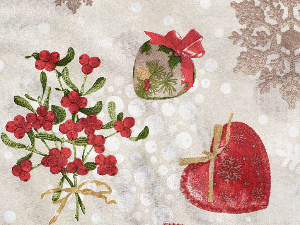 Țesătură decorativă VERONA - model 492 - decorațiuni de Crăciun pe un fundal de culoare naturală