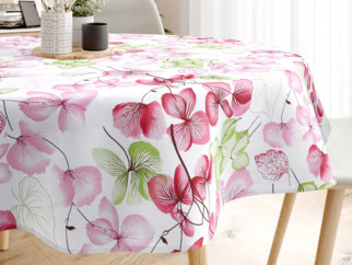 Față de masă 100% bumbac - flori roz-verde cu frunze - rotundă