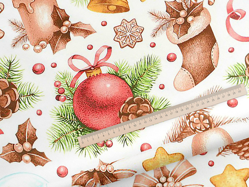 Țesătură SIMONA 100% bumbac - decorațiuni de Crăciun pe alb