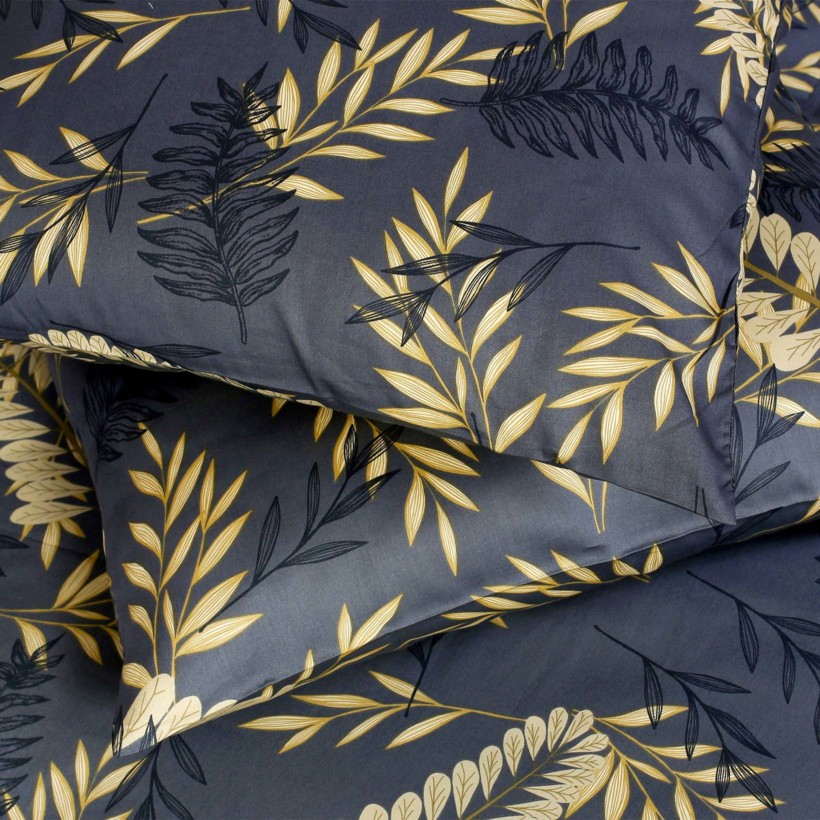 Lenjerie de pat de lux din bumbac satinat - frunze aurii și negre pe gri antracit