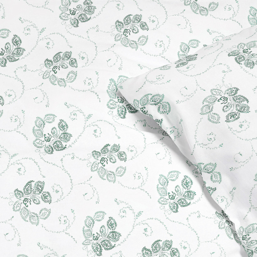 Lenjerie de pat din 100% bumbac - ornamente florale verde închis pe alb