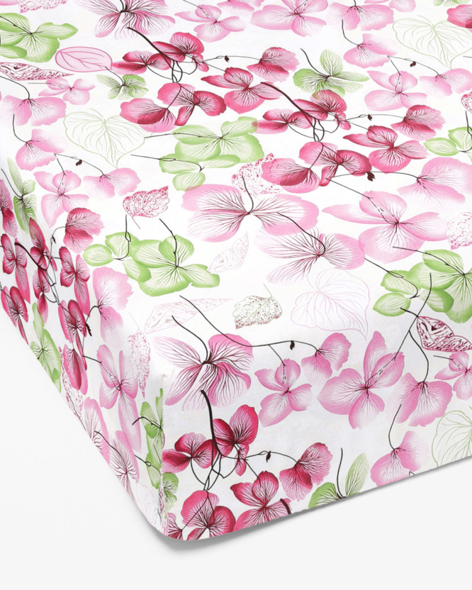 Cearceaf de pat bumbac 100%  cu elastic - flori roz-verde cu frunze