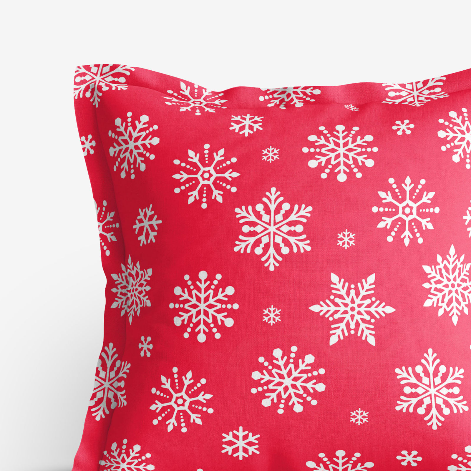 Față de pernă 100% bumbac cu tiv decorativ - model de Crăciun - fulgi de zăpadă pe roșu