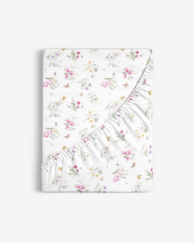 Cearceaf de pat bumbac 100% cu elastic  - flori de câmp colorate pe alb