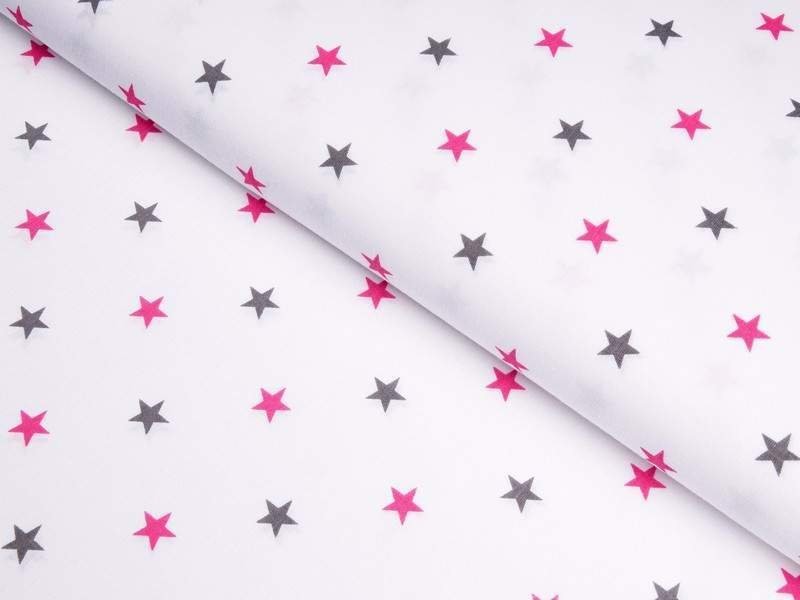 Țesătură din bumbac 100% SIMONA - steluțe gri și roz pe alb