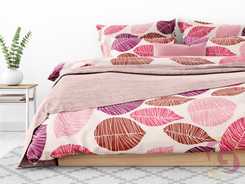 Lenjerie de pat din 100% bumbac - model 1011 - frunze roz și bordo
