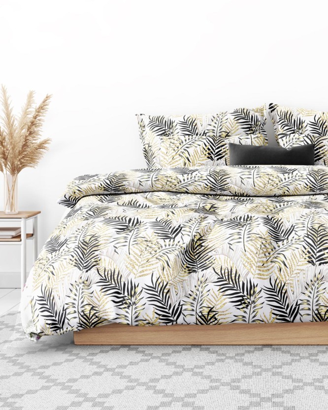Lenjerie de pat din bumbac satinat Deluxe - frunze de palmier galbene și negre