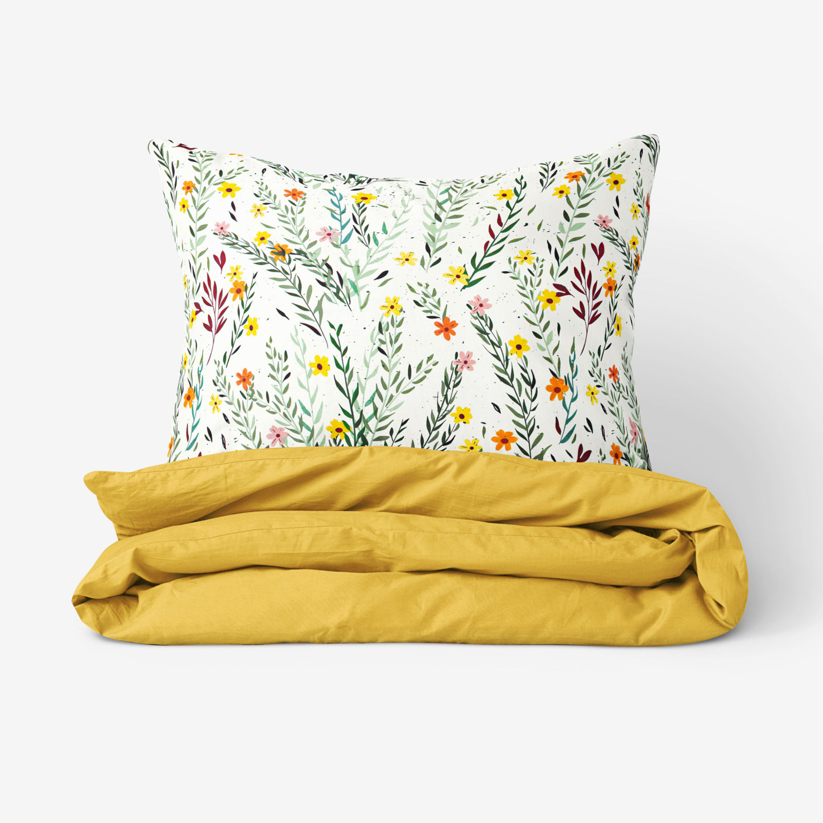 Lenjerie de pat din 100% bumbac Duo - flori și frunze pictate cu galben-miere