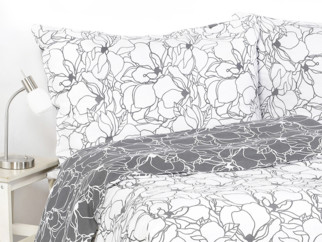 Lenjerie de pat de lux din bumbac satinat - model 1024 - flori albe pe gri închis