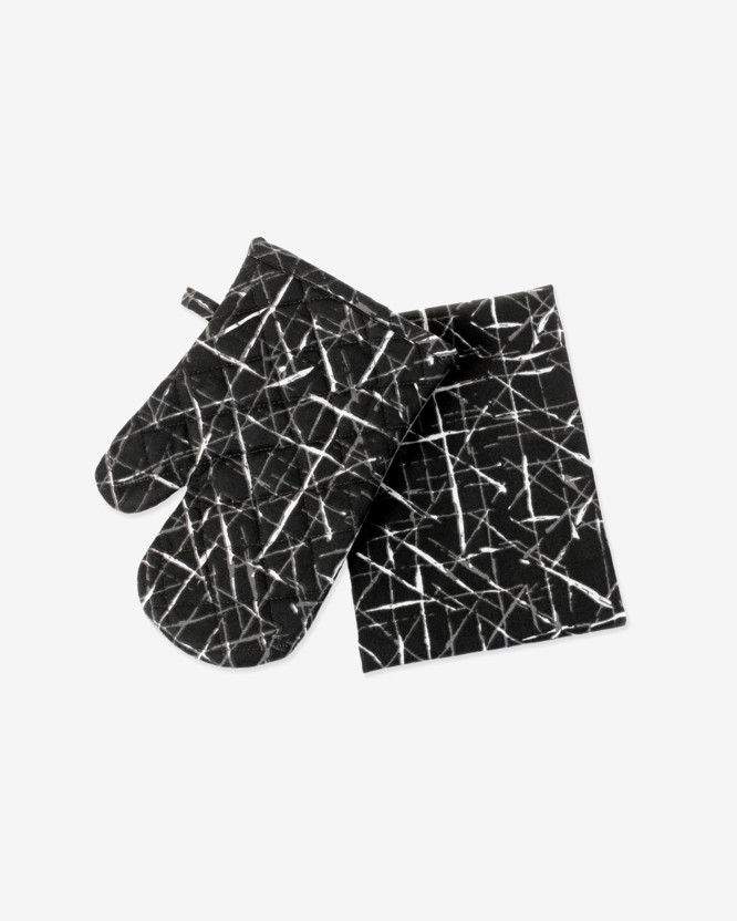 Mănușă și prosop de bucătărie KANAFAS - linii de design pe negru