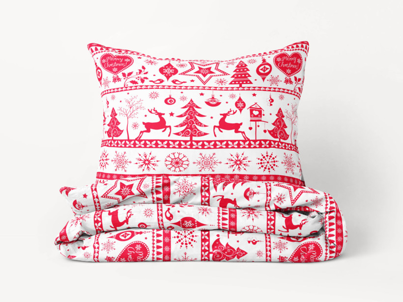 Lenjerie de pat din bumbac - simboluri roșii de Crăciun pe alb
