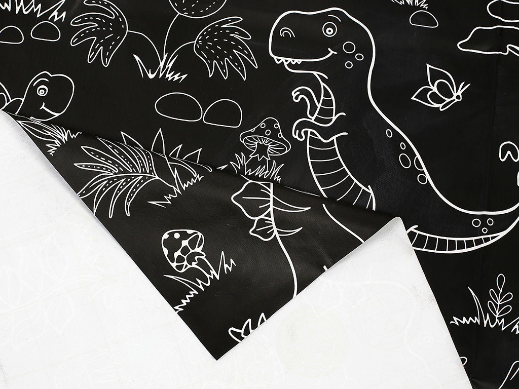 Față de masă din PVC cu textil - negru cu imprimare și suprafață de desen