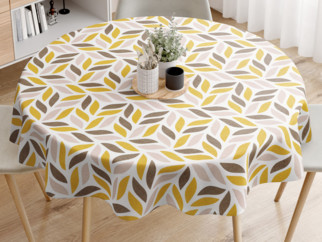 Față de masă decorativă LONETA - model 544 frunze geometrice aurii și maro - rotundă