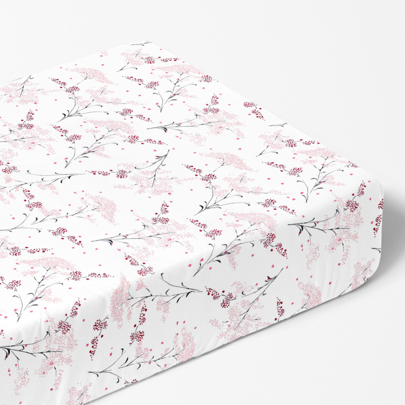 Cearceaf de pat bumbac 100% cu elastic - flori japoneze pe alb