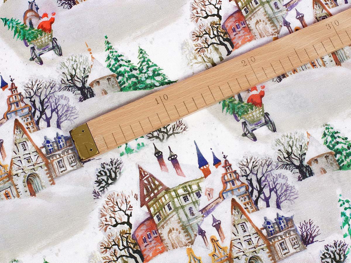 Țesătură decorativă LONETA - model de Crăciun - sat înzăpezit