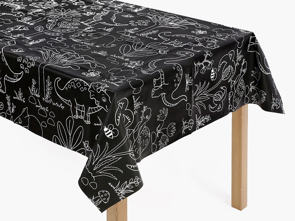 Față de masă din PVC cu textil - negru cu imprimare și suprafață de desen
