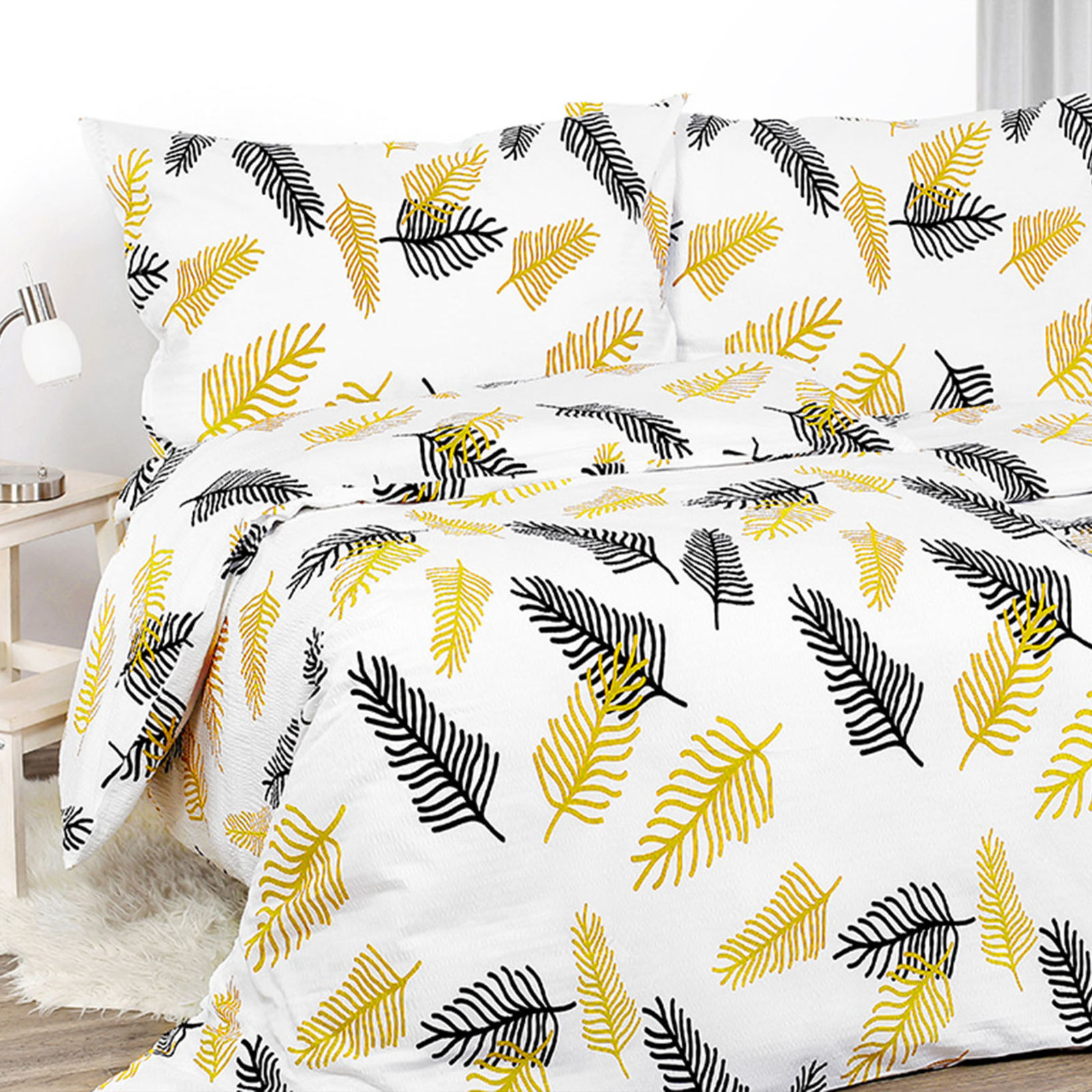 Lenjerie de pat creponată Deluxe - frunze de palmier negre și aurii
