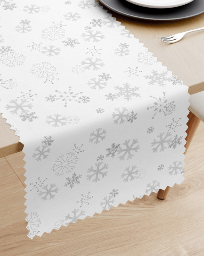Napron de masă teflonat - model de Crăciun - fulgi argintii pe alb