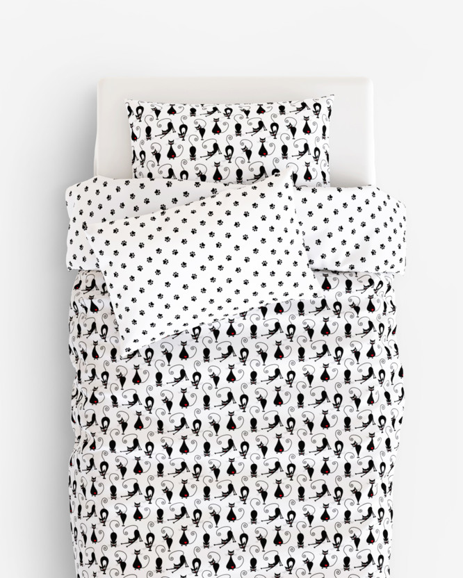 Lenjerie de pat pentru copii din 100% bumbac - pisici negre pe alb
