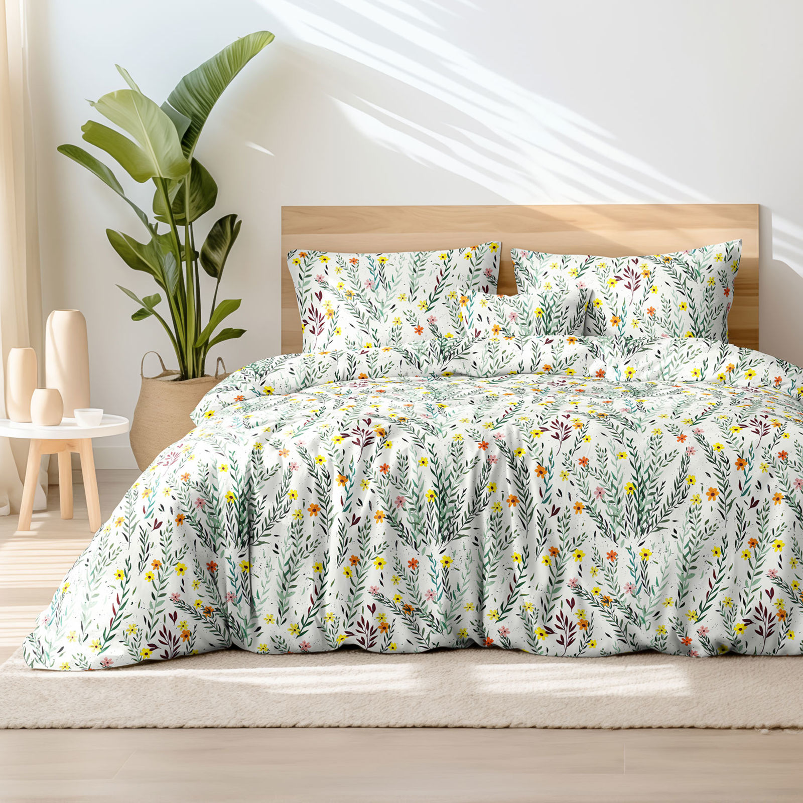 Lenjerie de pat din 100% bumbac - flori și frunze pictate